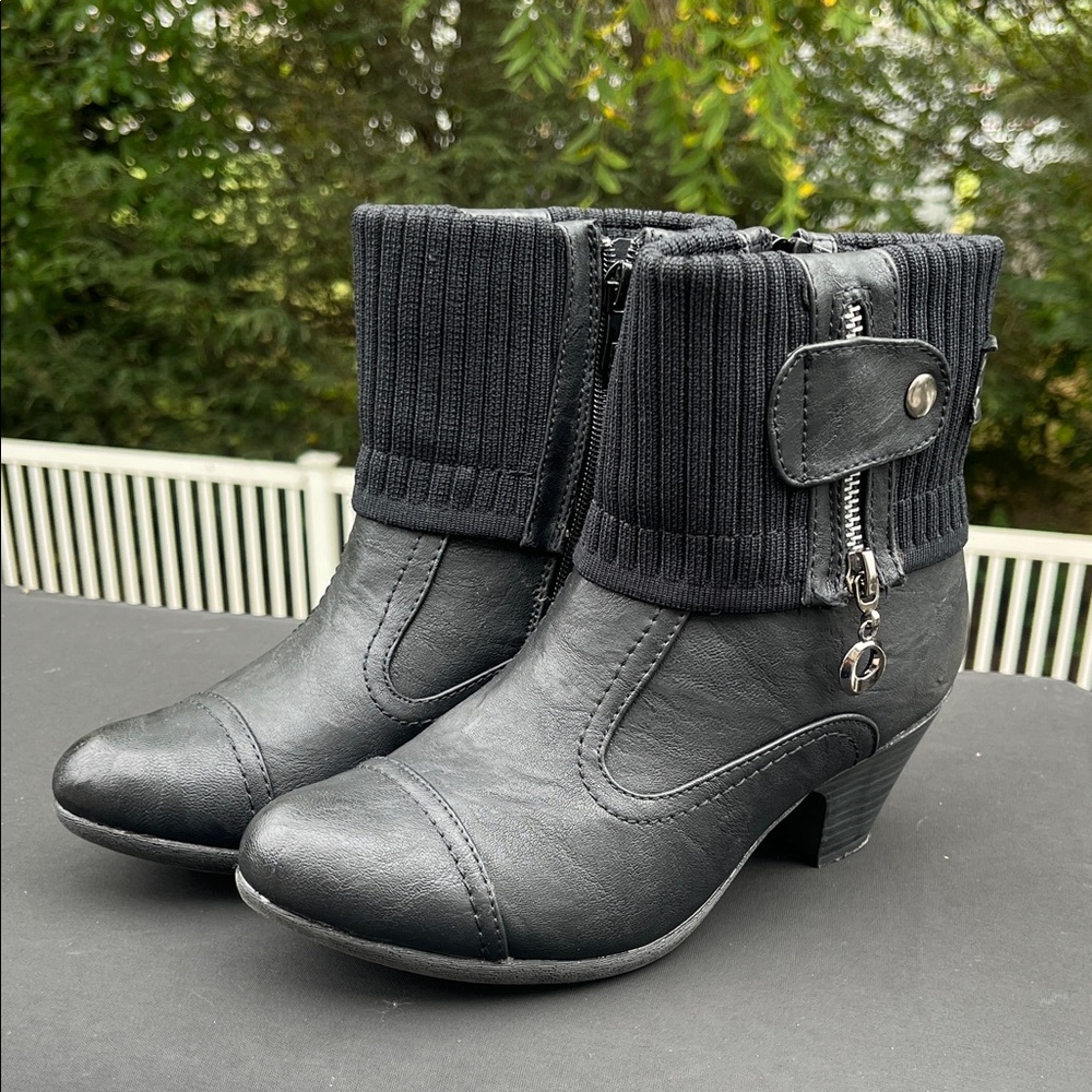 Spring Step Black Ankle Boots with Knit Cuff